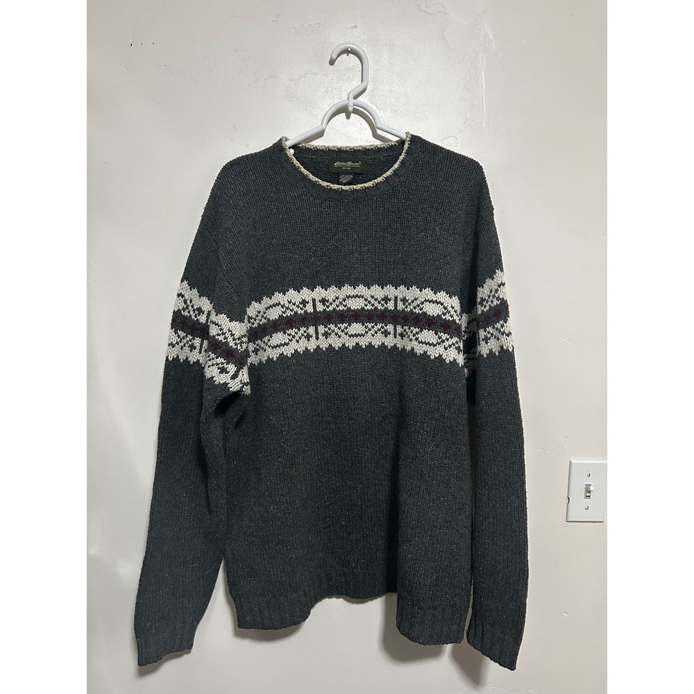 Eddie Bauer Mens XL Tall Gray Fair Isle Cotton Lambswool Knit Sweater Japan